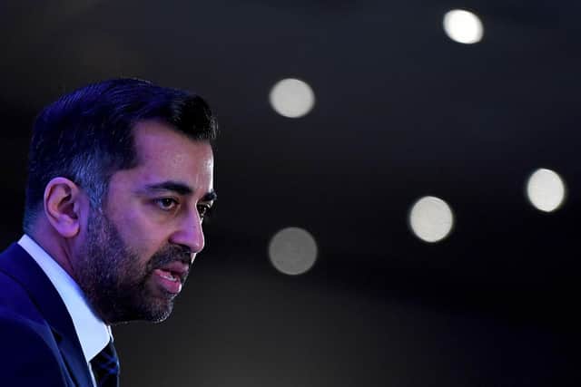 Humza Yousaf speaks following the SNP Leadership election result announcement at Murrayfield Stadium. Picture: Andy Buchanan/AFP via Getty Images