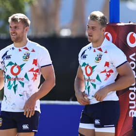 Chris Harris, left, and Duhan van der Merwe during a Lions training session at Hermanus High School in South Africa. Both men will start the second Test. Picture: David Rogers/Getty Images
