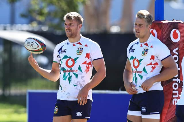 Chris Harris, left, and Duhan van der Merwe during a Lions training session at Hermanus High School in South Africa. Both men will start the second Test. Picture: David Rogers/Getty Images