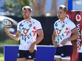 Chris Harris, left, and Duhan van der Merwe during a Lions training session at Hermanus High School in South Africa. Both men will start the second Test. Picture: David Rogers/Getty Images