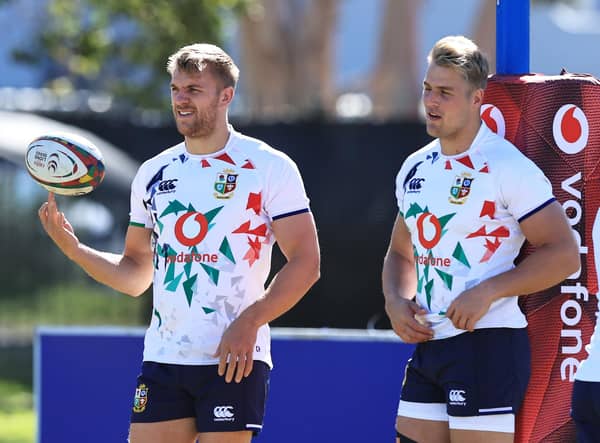 Chris Harris, left, and Duhan van der Merwe during a Lions training session at Hermanus High School in South Africa. Both men will start the second Test. Picture: David Rogers/Getty Images