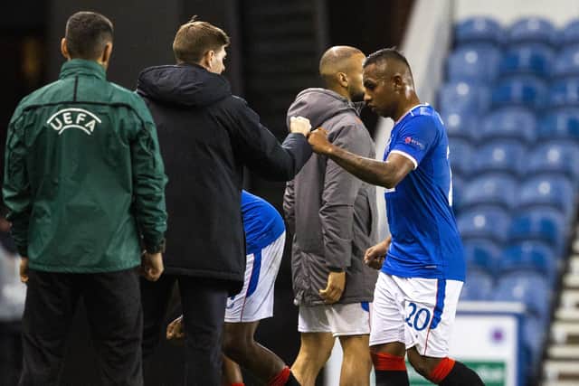 Manager Steven Gerrard with Alfredo Morelos at full time of a Europa League group stage match between Rangers and Lech Poznan at Ibrox Stadium, on October 29, 2020 (Photo by Alan Harvey / SNS Group)