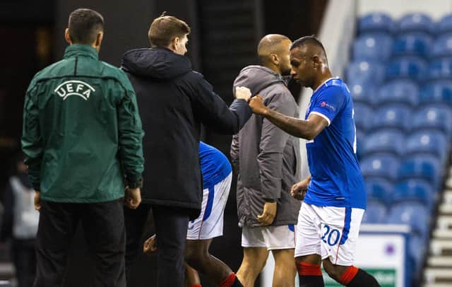 Manager Steven Gerrard with Alfredo Morelos at full time of a Europa League group stage match between Rangers and Lech Poznan at Ibrox Stadium, on October 29, 2020 (Photo by Alan Harvey / SNS Group)