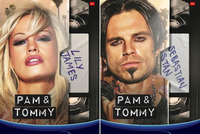 Lily James and Sebastian Stan look the part in the lead roles of Pamela Anderson and Tommy Lee. Photo: Disney / Hulu.