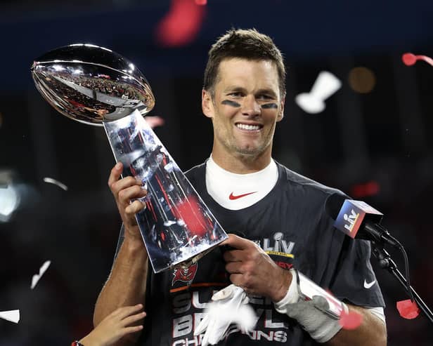 Quarterback Tom Brady with the Vince Lombardi trophy following the Tampa Bay Buccaneers' Super Bowl win over the Kansas City Chiefs. Picture: Ben Liebenberg/AP