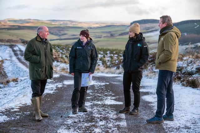 Scottish Woodlands managing director Ralland Browne is pictured (left) at the company's Knowe & Keltie planting site in Perthshire, speaking to Scotland's environment minister Màiri McAllan, second right, with Stuart Goodall, chief executive of forestry and wood trade body Confor (right) and SWL Forest manager Jillian Kennedy (second left). Picture: Sandy Young Photography