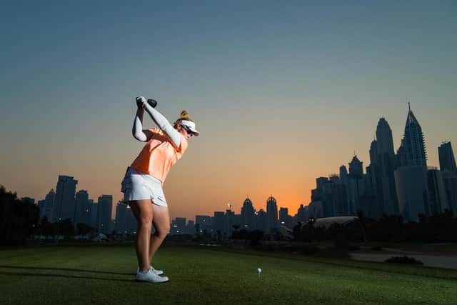 Kylie Henry en route to her course-record nine-under 63 under the floodlights on the Faldo Course at the Emirates Golf Club in Dubai. Picture: Tristan Jones