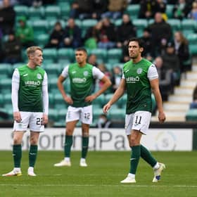 Hibs players prepare to take centre after conceding to Dundee United in the 3-0 defeat at Easter Road. (Photo by Ross MacDonald / SNS Group)