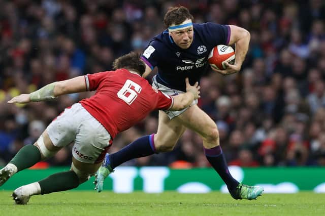 Scotland's Hamish Watson (R) and Wales' Taine Basham during the defeat in Cardiff.