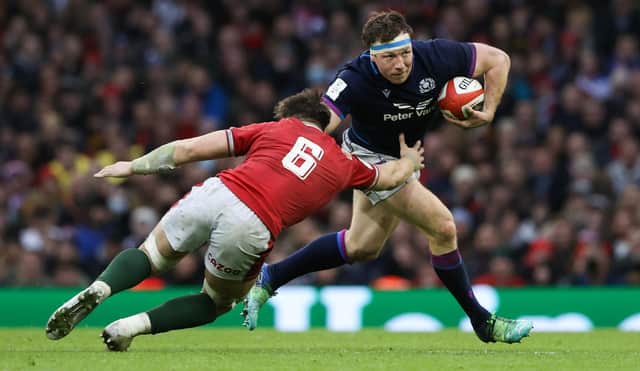 Scotland's Hamish Watson (R) and Wales' Taine Basham during the defeat in Cardiff.