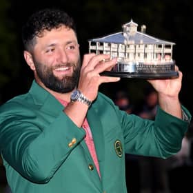 AUGUSTA, GEORGIA - APRIL 09: Jon Rahm of Spain poses with the Masters trophy during the Green Jacket Ceremony after winning the 2023 Masters Tournament at Augusta National Golf Club on April 09, 2023 in Augusta, Georgia. (Photo by Ross Kinnaird/Getty Images)