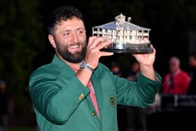 AUGUSTA, GEORGIA - APRIL 09: Jon Rahm of Spain poses with the Masters trophy during the Green Jacket Ceremony after winning the 2023 Masters Tournament at Augusta National Golf Club on April 09, 2023 in Augusta, Georgia. (Photo by Ross Kinnaird/Getty Images)