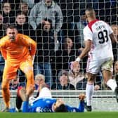 Rangers' Allan McGregor vents his frustration at team-mate Connor Goldson after Hamilton's goal on Wednesday evening. Picture: SNS