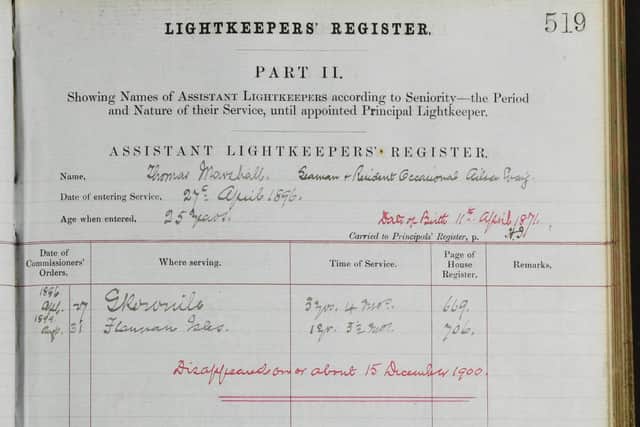 The work record of Flannan Isles lightkeeper Thomas Marshall. PIC: NRS.