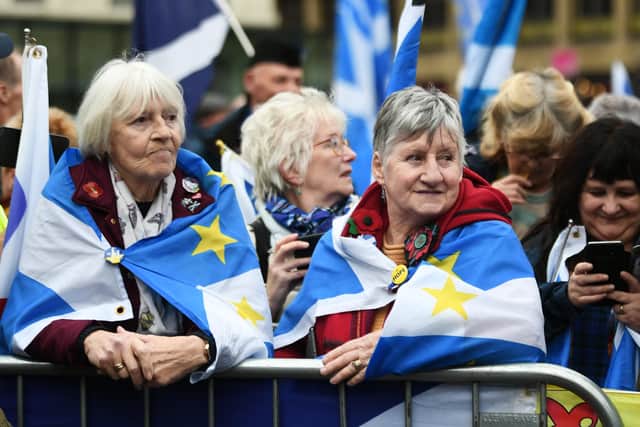 Protesters attend a Scottish independence rally in Glasgow's George Square. Picture: John Devlin