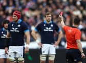 Scotland's lock Grant Gilchrist is red carded by Georgian referee Nika Amashukeli during the Six Nations match in Paris. (Photo by ANNE-CHRISTINE POUJOULAT/AFP via Getty Images)