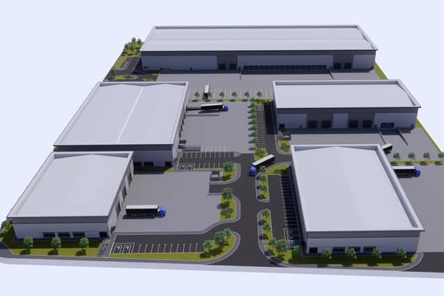 A computer generated image showing how the new Belgrave Logistics Park in Bellshill will look when completed.