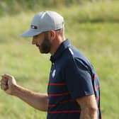 Dustin Johnson celebrates on the 12th green during Friday afternoon fourballs at Whistling Straits. Picture: Patrick Smith/Getty Images.