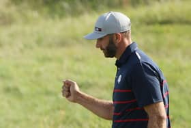 Dustin Johnson celebrates on the 12th green during Friday afternoon fourballs at Whistling Straits. Picture: Patrick Smith/Getty Images.