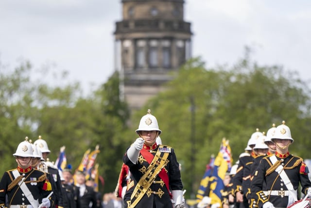 The Royal Marines Band lead Falklands veterans and members of the wider armed forces community, during a parade and service of remembrance to remember the 40th anniversary of the end of the conflict, in Edinburgh.