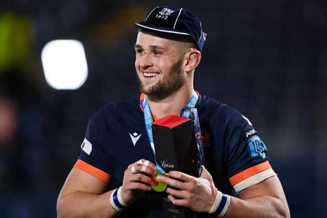Edinburgh's Magnus Bradbury was presented with a commemorative cap to mark his 100th appearance for the club. Picture: SNS