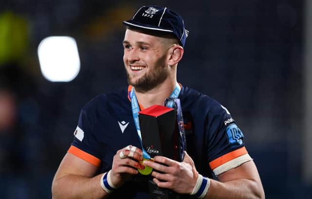 Edinburgh's Magnus Bradbury was presented with a commemorative cap to mark his 100th appearance for the club. Picture: SNS