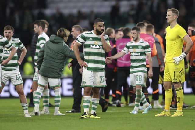 Celtic's Cameron Carter-Vickers, centre, sums up the feeling in the home camp after the draw with Shakhtar Donetsk.