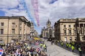 The Red Arrows perform a fly past over the Royal Mile for the National Service of Thanksgiving and Dedication for King Charles III and Queen Camilla. Picture: Jamie Williamson/Daily Mail/PA Wire