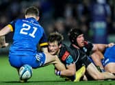 Leinster's Cormac Foley and Glasgow Warriors' George Horne challenge for the ball. Photo by Billy Stickland/INPHO/Shutterstock.