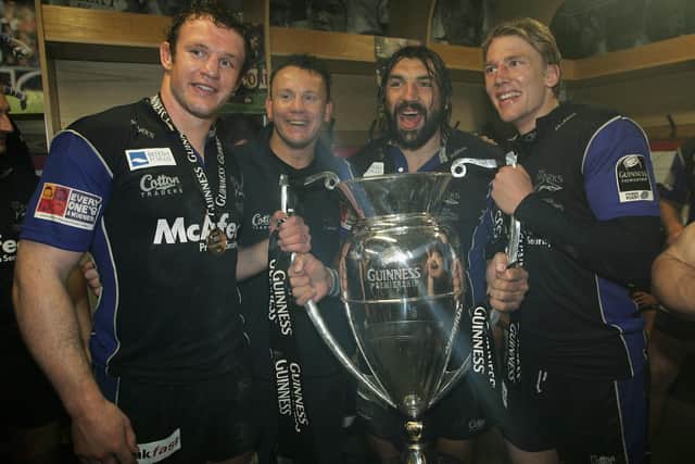Former Scotland captain Jason White, left, with Kingsley Jones, Sebastien Chabal and Magnus Lund after Sale's last Premiership final win, against Leicester in 2006. (Photo by David Rogers/Getty Images)