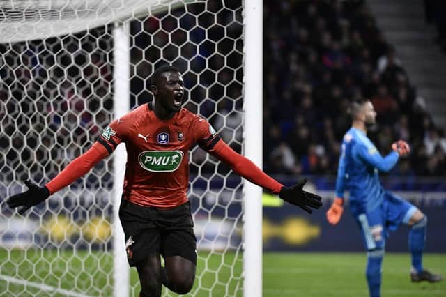M'Baye Niang celebrates scoring against Lyon for Rennes in the French Cup semi-final. Picture: Getty