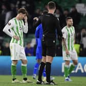 Real Betis defender Juan Miranda reacts at full-time following Rangers' 3-2 win at the Benito Villamarin Stadium. (Photo by CRISTINA QUICLER/AFP via Getty Images)