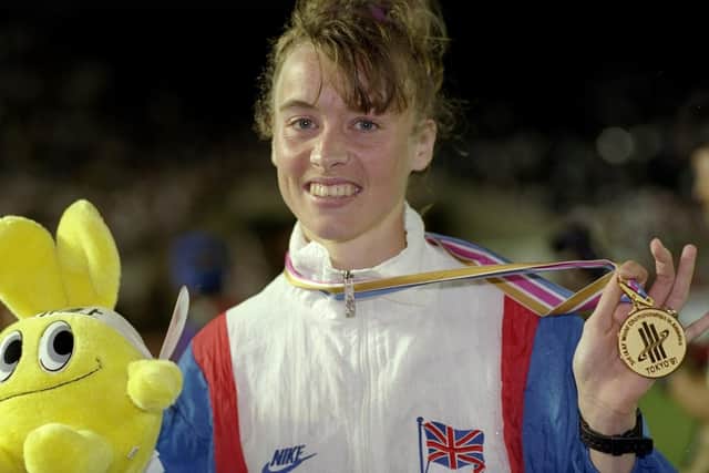 Liz McColgan after receiving her gold medal for the 10,000 metres at the World Championships at the Olympic Stadium in Tokyo in 1991. Picture: Mike Powell/Allsport