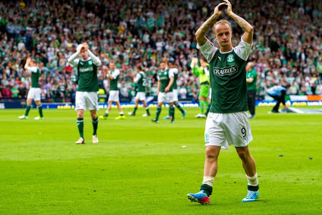 Leigh Griffiths, in his last Hibs game, applauds fans at full time of the 2013 Scottish Cup final lost to future club Celtic. (Photo by Sammy Tuner/SNS Group)