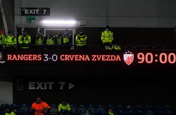 The scoreboard at Ibrox spells out a promising position for Rangers after the first leg of their Europa League last 16 tie against Red Star Belgrade. (Photo by Craig Foy / SNS Group)