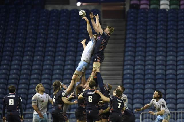 Glasgow's Richie Gray rises highest at the lineout during the narrow defeat by Edinburgh. Picture: Ian Rutherford/PA Wire