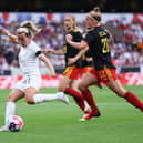 Lauren Hemp of England has a shot on goal during the Women's International friendly match between England and Belgium (Photo by Naomi Baker/Getty Images)