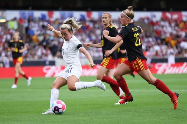 Lauren Hemp of England has a shot on goal during the Women's International friendly match between England and Belgium (Photo by Naomi Baker/Getty Images)
