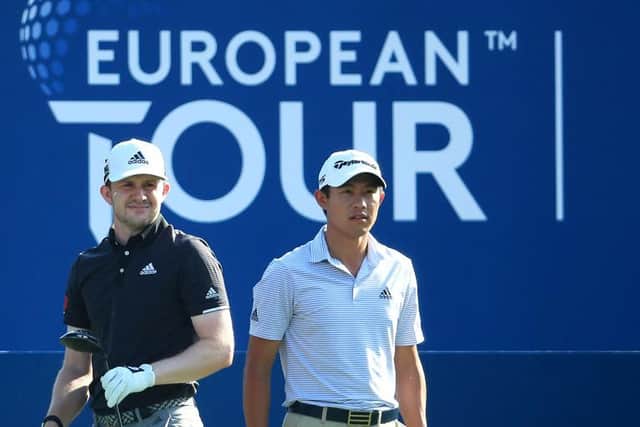 Collin Morikawa, pictured with Scotland's Connor Syme during the second round of last week's DP World Tour Championship, is returning to Dubai next month for the Omega Dubai Desert Classic. Picture: Andrew Redington/Getty Images