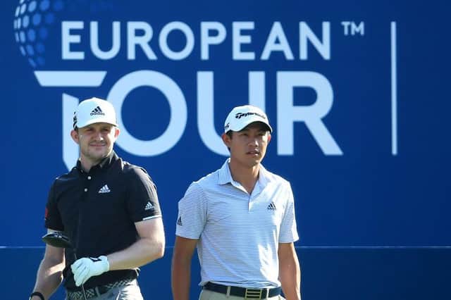 Collin Morikawa, pictured with Scotland's Connor Syme during the second round of last week's DP World Tour Championship, is returning to Dubai next month for the Omega Dubai Desert Classic. Picture: Andrew Redington/Getty Images