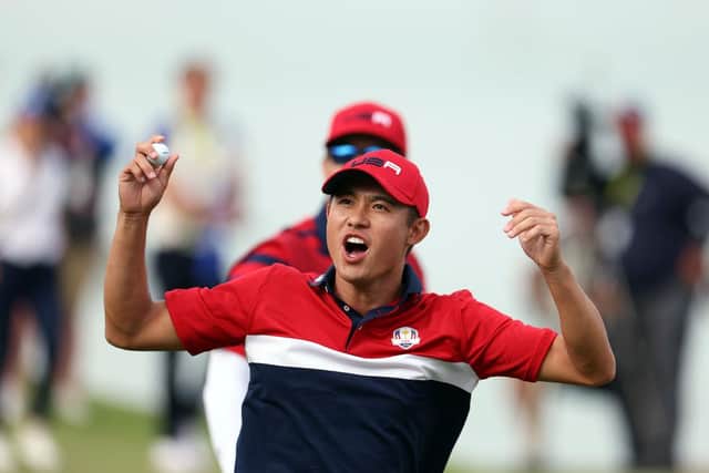 Collin Morikawa celebrates on the 17th green after guaranteeing the half point needed for the United States to win the 43rd Ryder Cup at Whistling Straits. Picture: Richard Heathcote/Getty Images.