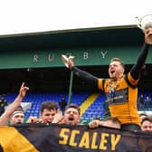Currie captain Jamie Forbes celebrates winning the Scottish Premiership title after their 26-24 win over Hawick in the final at Mansfield Park. (Photo by Simon Wootton / SNS Group)