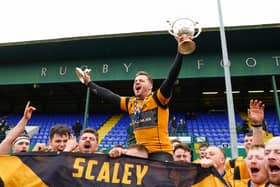 Currie captain Jamie Forbes celebrates winning the Scottish Premiership title after their 26-24 win over Hawick in the final at Mansfield Park. (Photo by Simon Wootton / SNS Group)