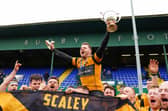 Currie captain Jamie Forbes celebrates winning the Scottish Premiership title after their 26-24 win over Hawick in the final at Mansfield Park. (Photo by Simon Wootton / SNS Group)