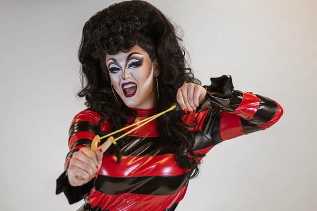 The handmade outfit, which features a red and black striped top inspired by Dennis the Menace, was made by Scottish drag queen Ellie Diamond for her hometown look in season two of the show (Photo: Leisure and Culture Dundee/PA Wire).