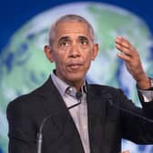 Former US president Barack Obama delivers a speech to delegates during the Cop26 summit at the Scottish Event Campus (SEC) in Glasgow.