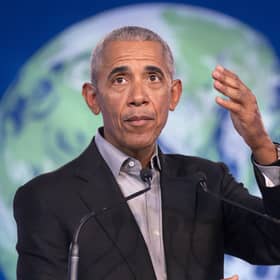 Former US president Barack Obama delivers a speech to delegates during the Cop26 summit at the Scottish Event Campus (SEC) in Glasgow.