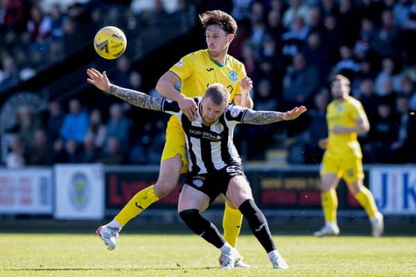 Joe Newell is blocked by St Mirren's Alan Power during Hibs 1-0 win in Paisley on Saturday. (Photo by Alan Harvey / SNS Group)