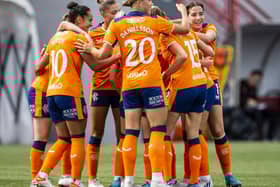 The Rangers players celebrate a goal in their 5-0 win over Hamilton. Credit: Rangers Women Twitter @RangersWFC