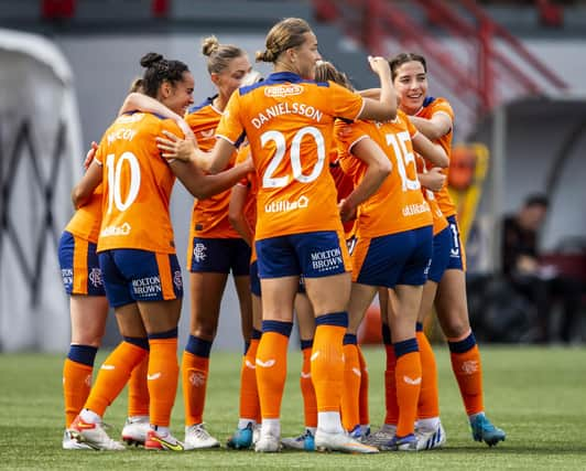 The Rangers players celebrate a goal in their 5-0 win over Hamilton. Credit: Rangers Women Twitter @RangersWFC